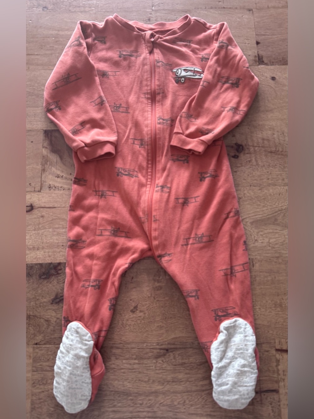 Pekkle Baby burn Orange Footed One-Piece Pajamas Plane Print sz 12 months